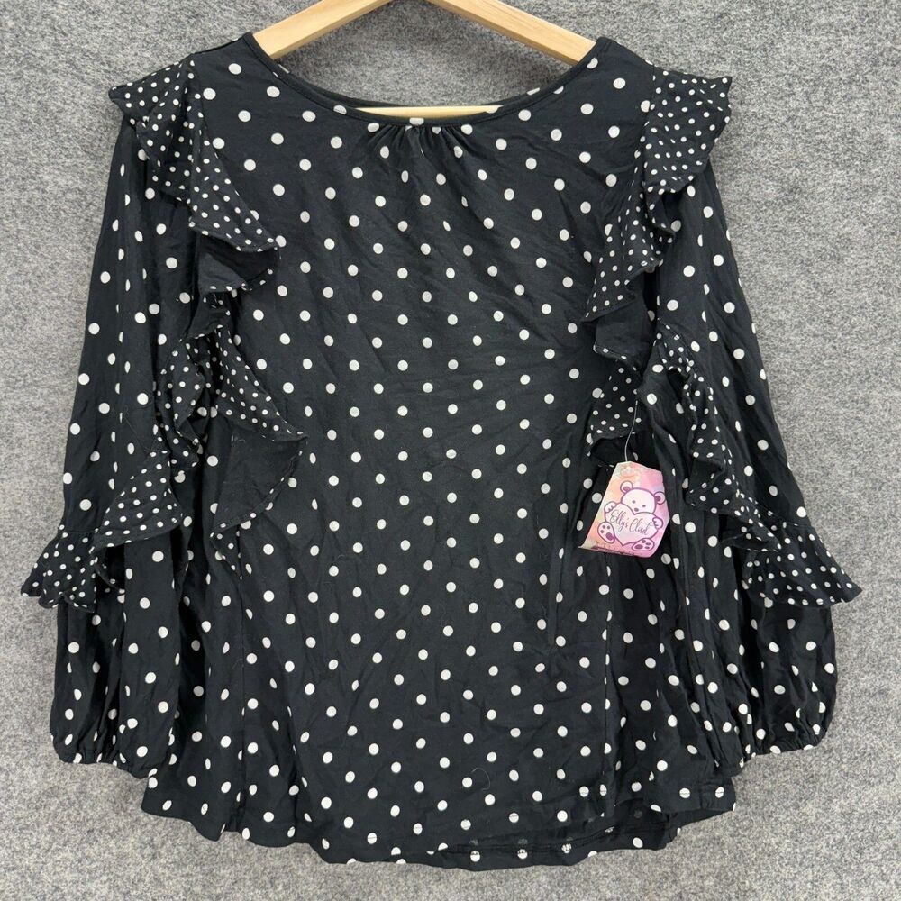 New Chaps Blouse Women M Medium Black Polka Dot Crew Neck Long Sleeve Cotton